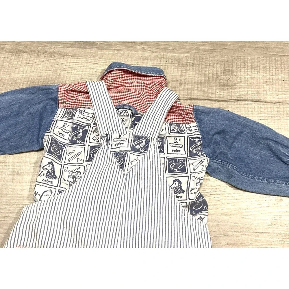 Vintage 90 Baby Gap Boys Stripe Denim Overalls & Shirt XL 18-24 Months Snaps